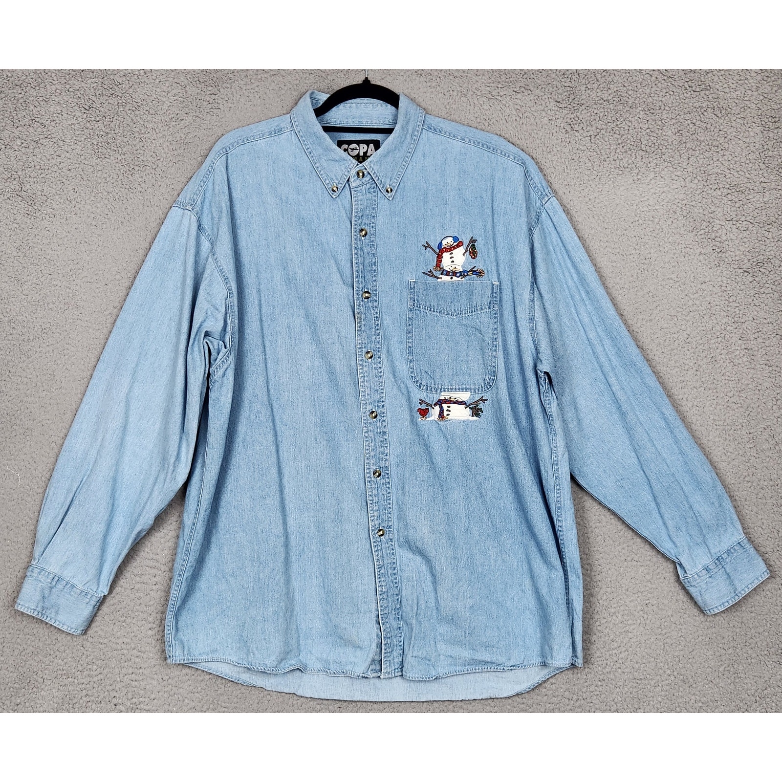 Copa Banana Top Womens Xl Blue Shirt Cottagecore Embroidered Snowman Winter